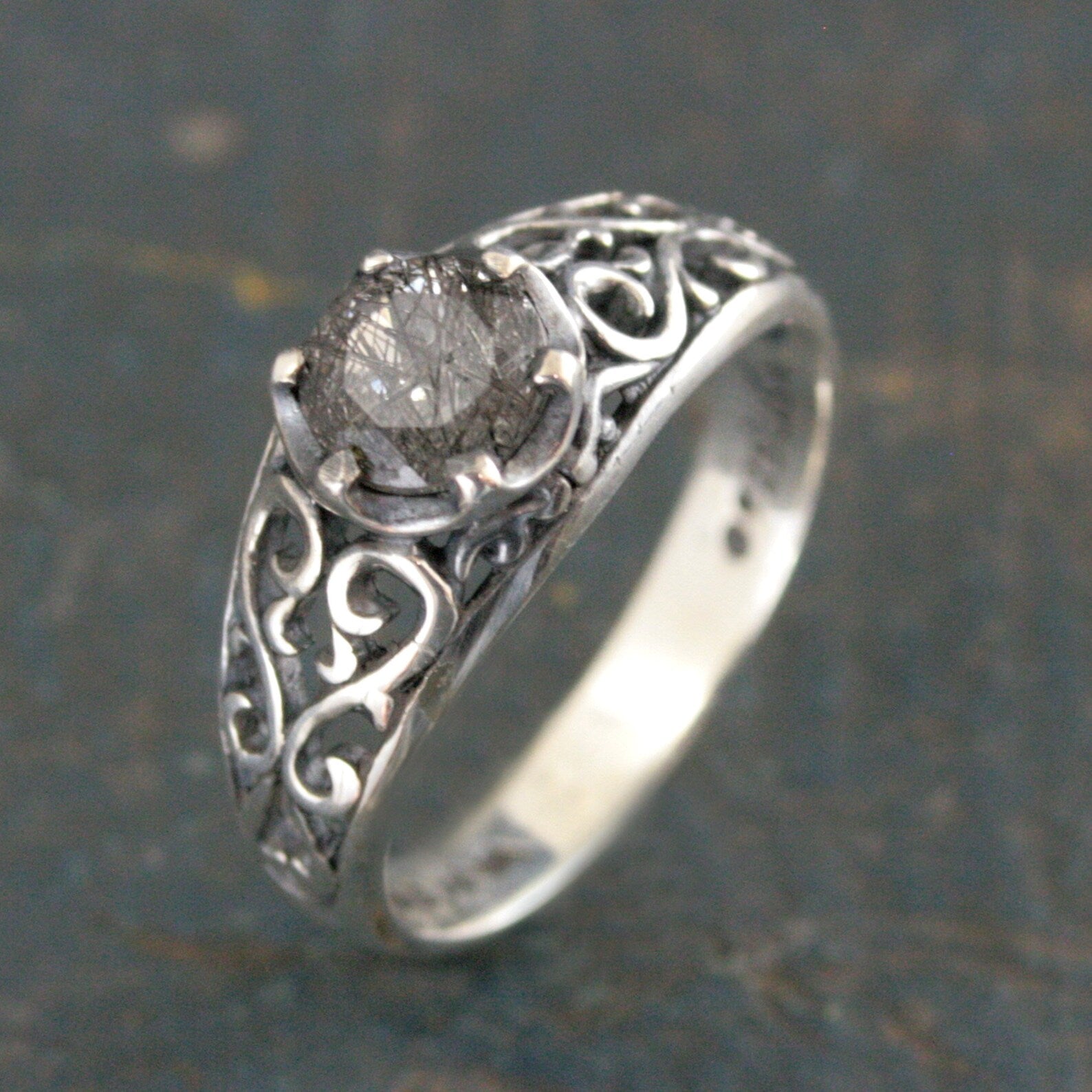 Black Rutilated Quartz Ring Maleficent Oxidized Polished Filigree Ring Gothic Ring Alternative Engagement Ring Black Silver Cocktail Ring