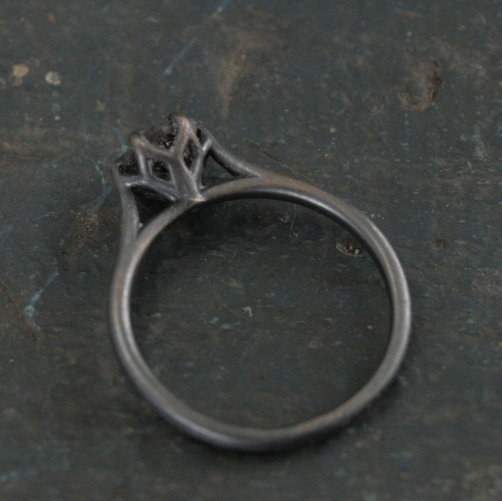 Hexagonal Black Rutilated Quartz Ring Hexagon Black Tourmalinated Quartz Ring Black Silver Oxidized Ring Six Prong Solitaire Gothic Black
