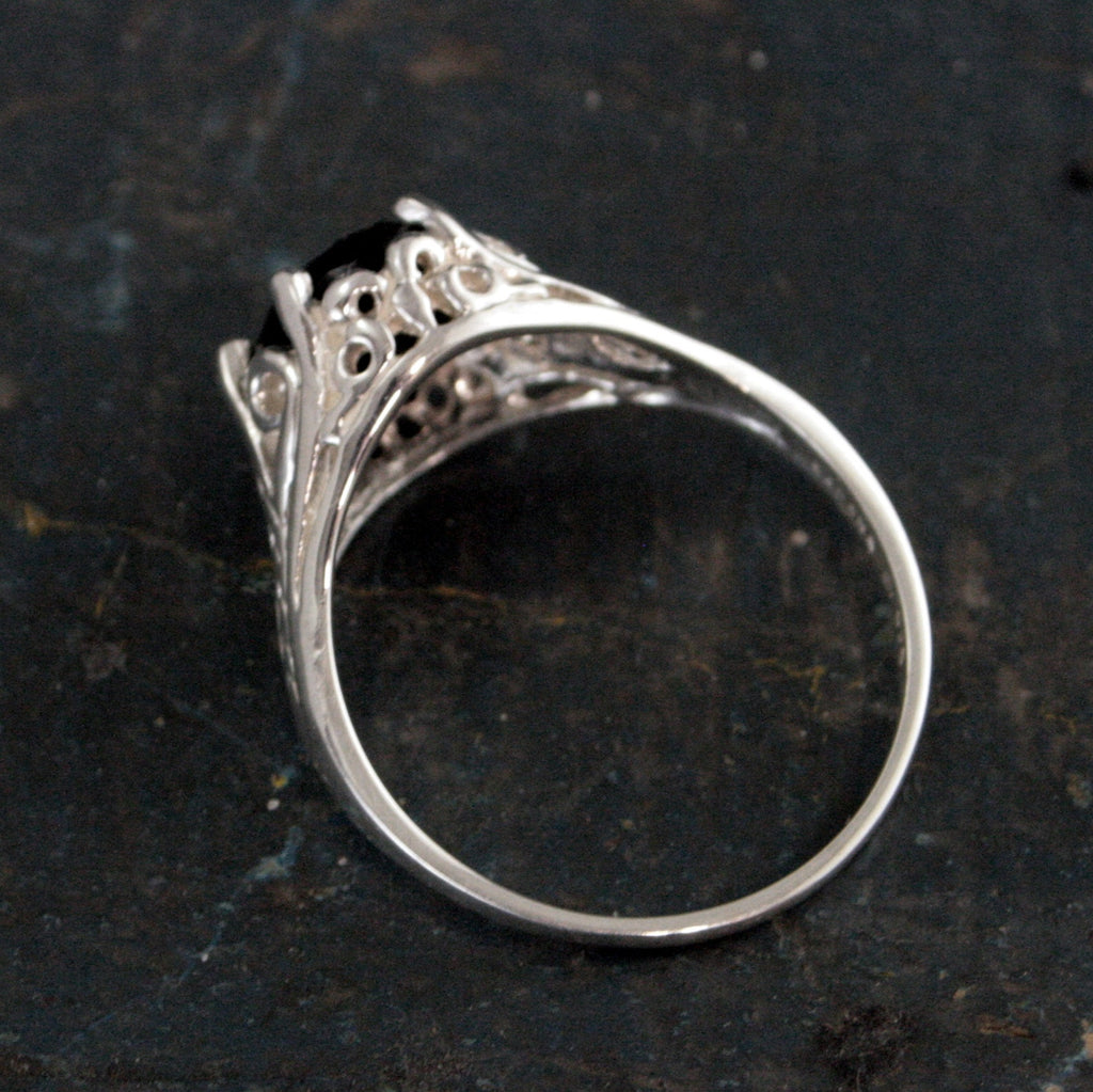 Onyx Ring Silver Filigree Ring 8 by 10 Oval Onyx Ring Dark Fairy Antique Style Ring Facetted Genuine Onyx Oval Ring Unique Engagement Ring