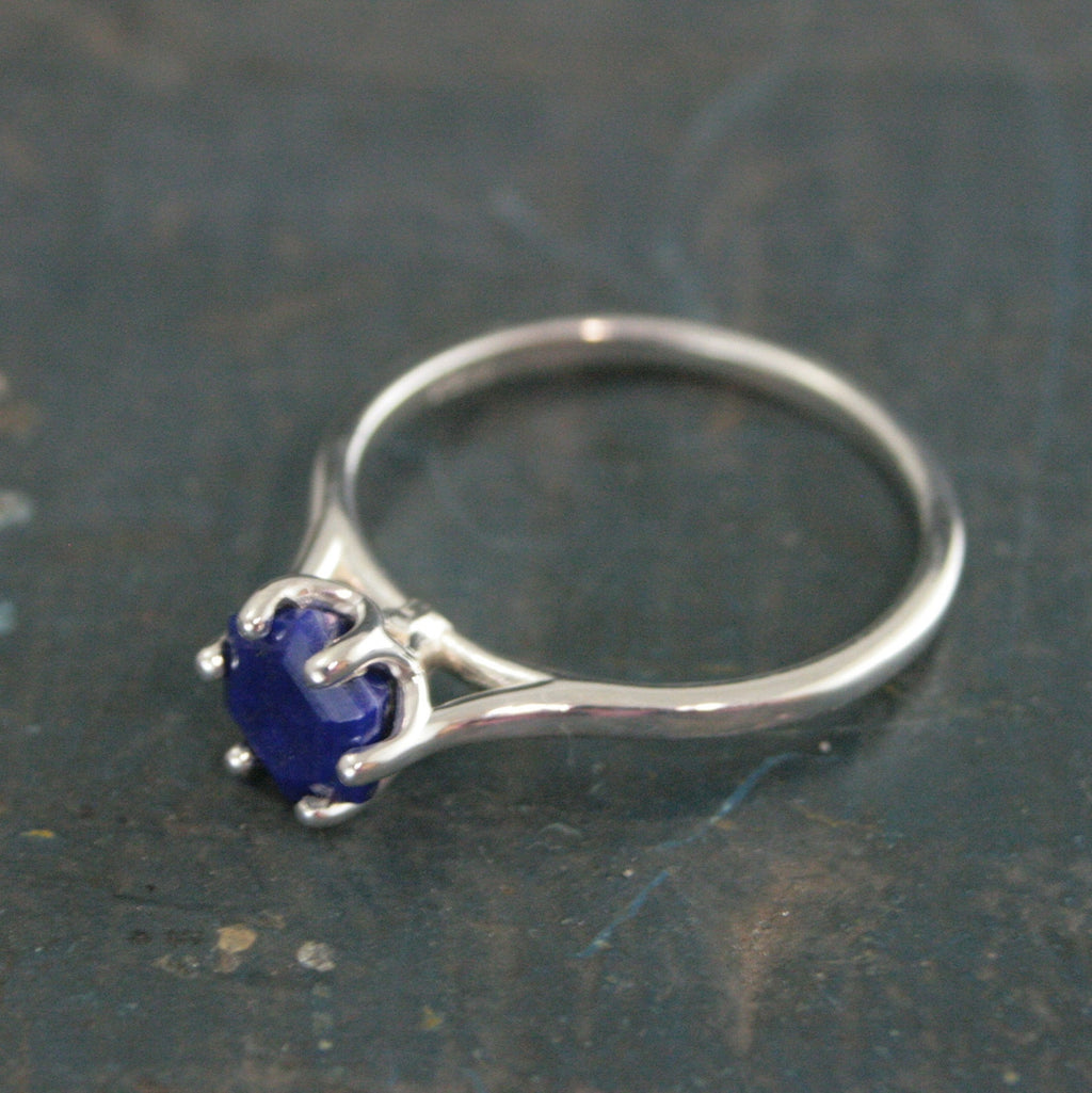 Hexagonal Lapis Ring Blue Stone Ring Silver Cathedral Setting Hexagon Cut Lapis Unique Something Blue Ring Bridal Ring Gift for Bride