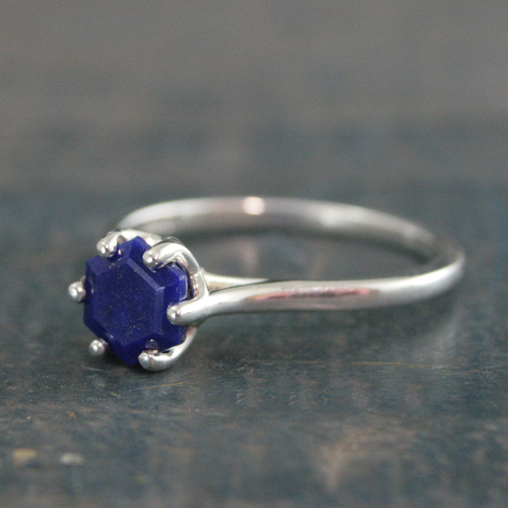 Hexagonal Lapis Ring Blue Stone Ring Silver Cathedral Setting Hexagon Cut Lapis Unique Something Blue Ring Bridal Ring Gift for Bride