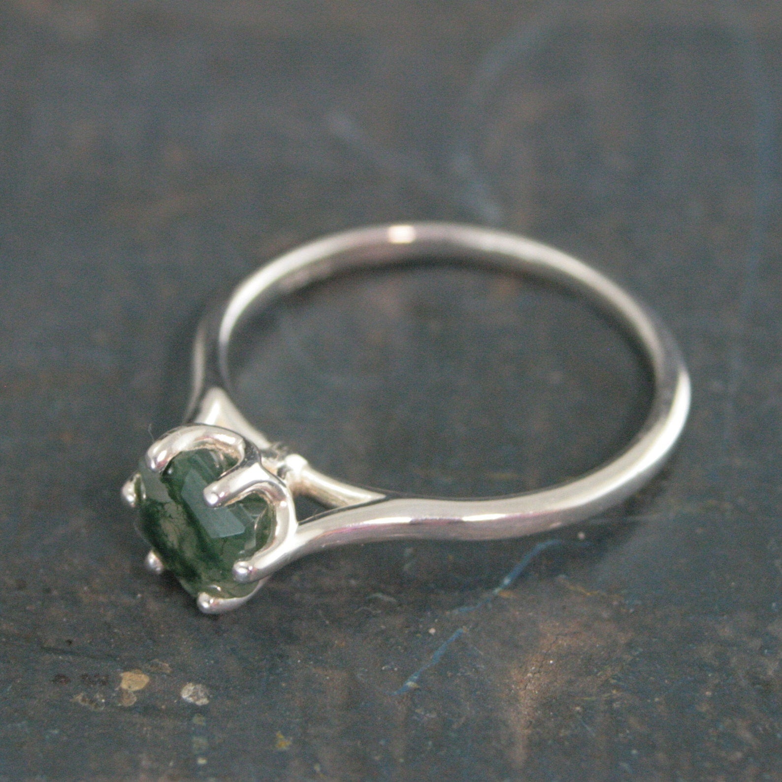 Hexagon Moss Agate Ring Hexagonal Stone Ring Cathedral Solitaire Silver Ring Unique Stone Green Moss Agate Hexagon Cut Stone Ring