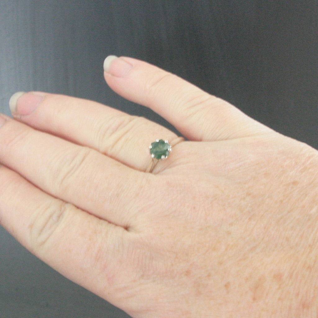 Hexagon Moss Agate Ring Hexagonal Stone Ring Cathedral Solitaire Silver Ring Unique Stone Green Moss Agate Hexagon Cut Stone Ring