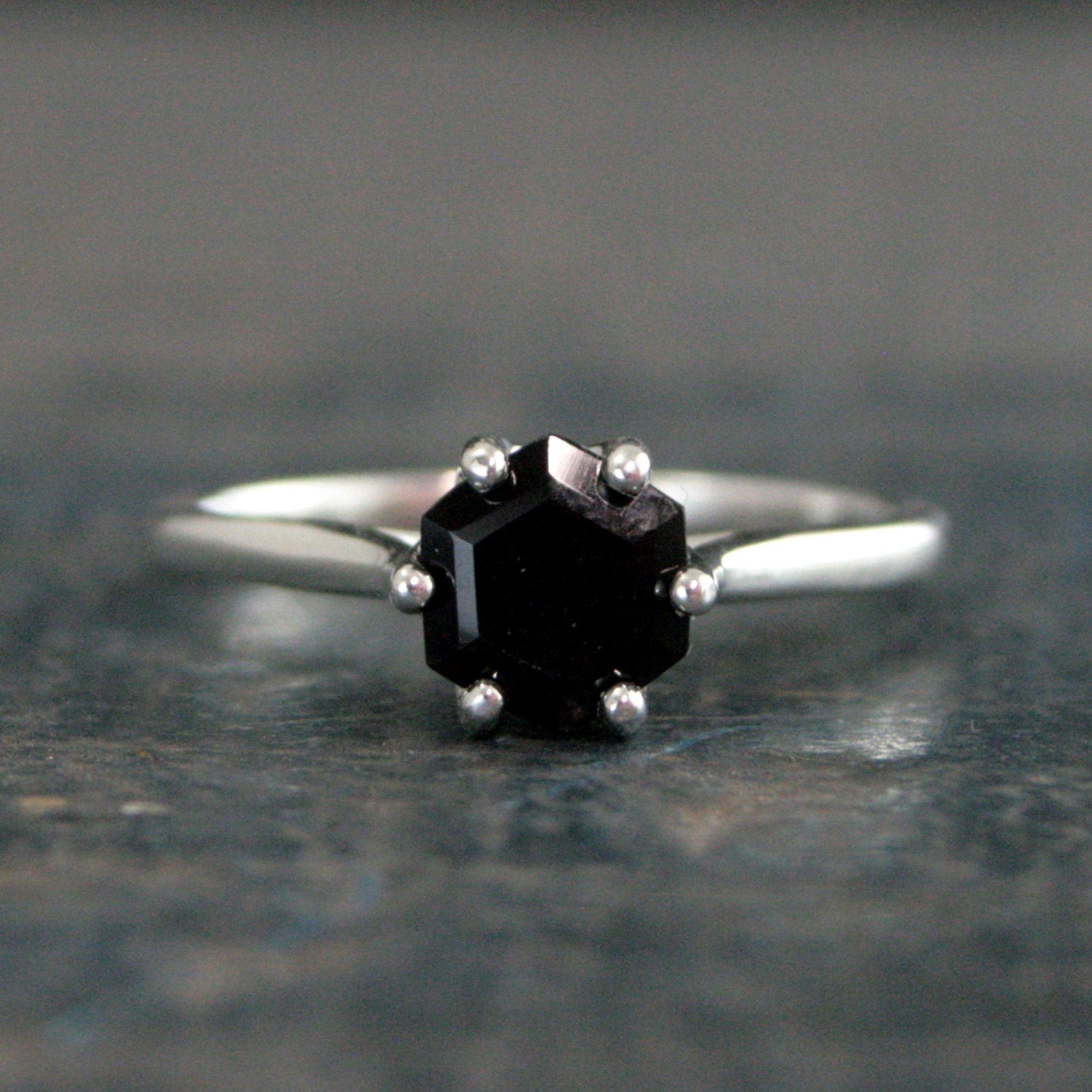 Hexagon Onyx Ring 6 Prong Solitaire Black Stone Geometric Ring Unique Hexagon Cut Stone Modern Onyx Ring Hexagonal Onyx Ring Cathedral Ring