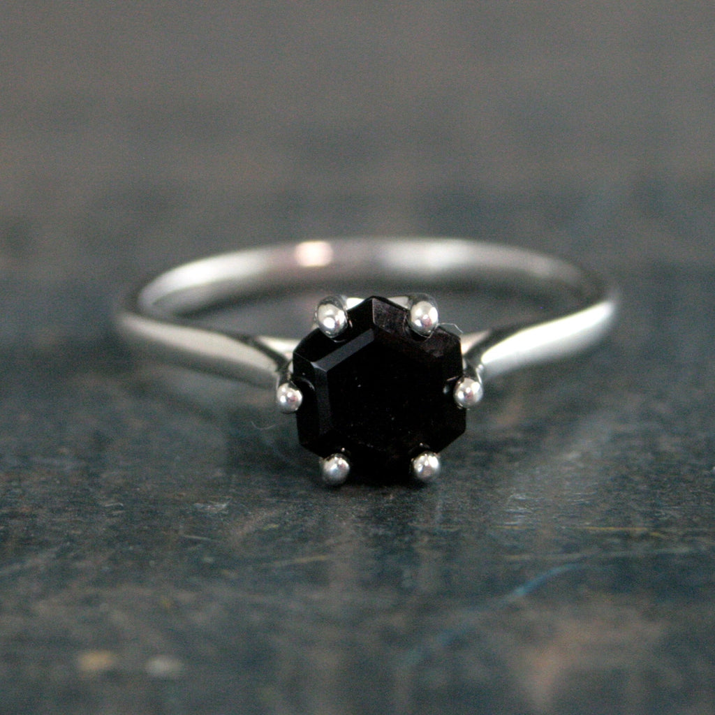 Hexagon Onyx Ring 6 Prong Solitaire Black Stone Geometric Ring Unique Hexagon Cut Stone Modern Onyx Ring Hexagonal Onyx Ring Cathedral Ring
