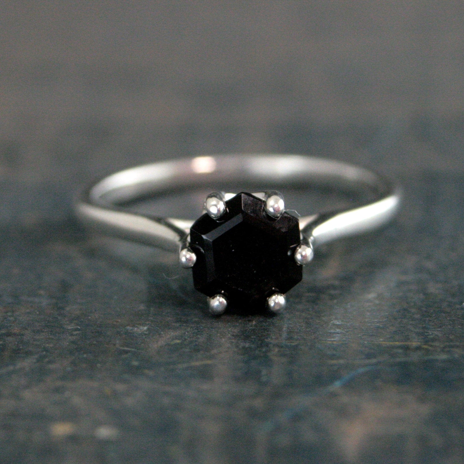 Hexagon Onyx Ring 6 Prong Solitaire Black Stone Geometric Ring Unique Hexagon Cut Stone Modern Onyx Ring Hexagonal Onyx Ring Cathedral Ring