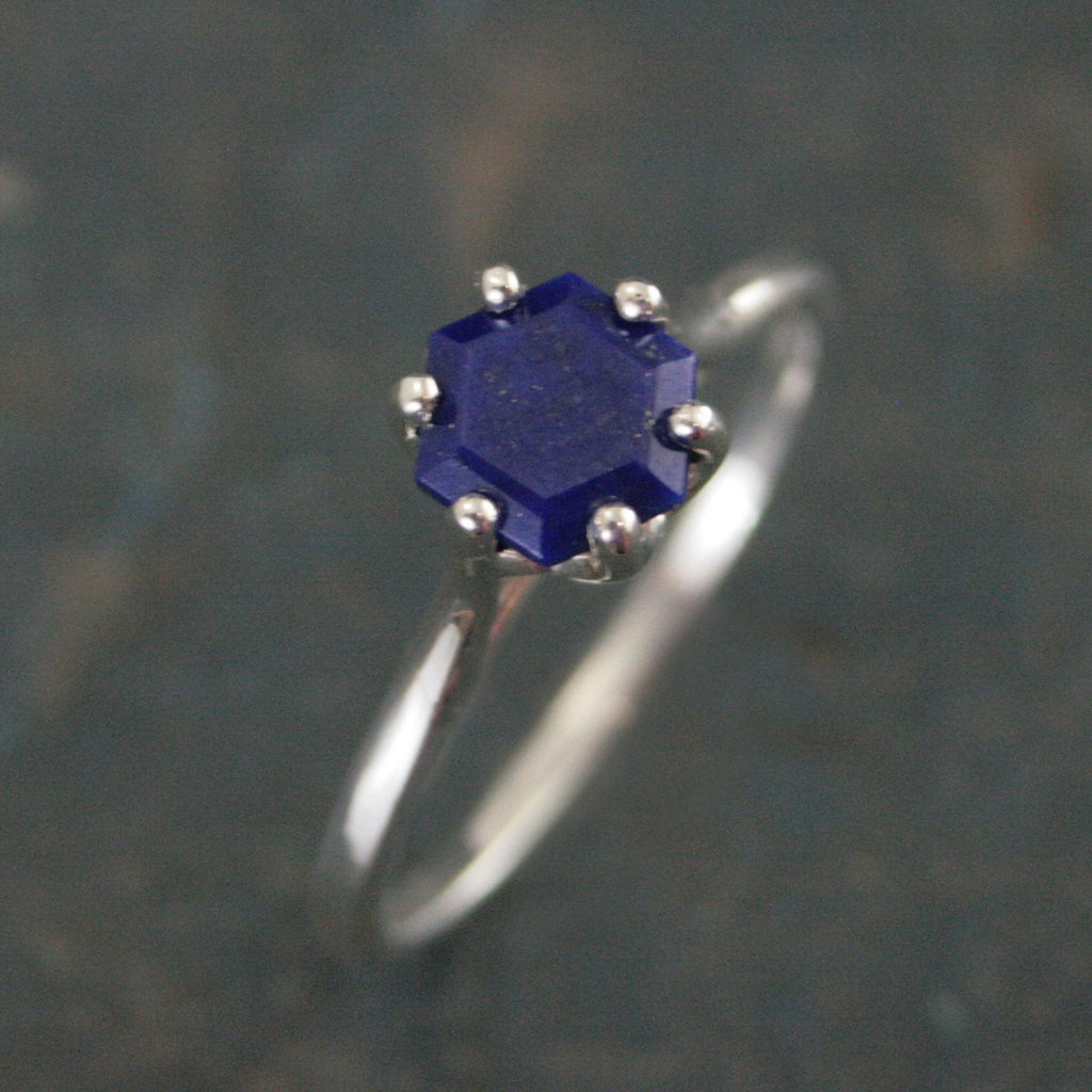 Hexagonal Lapis Ring Blue Stone Ring Silver Cathedral Setting Hexagon Cut Lapis Unique Something Blue Ring Bridal Ring Gift for Bride