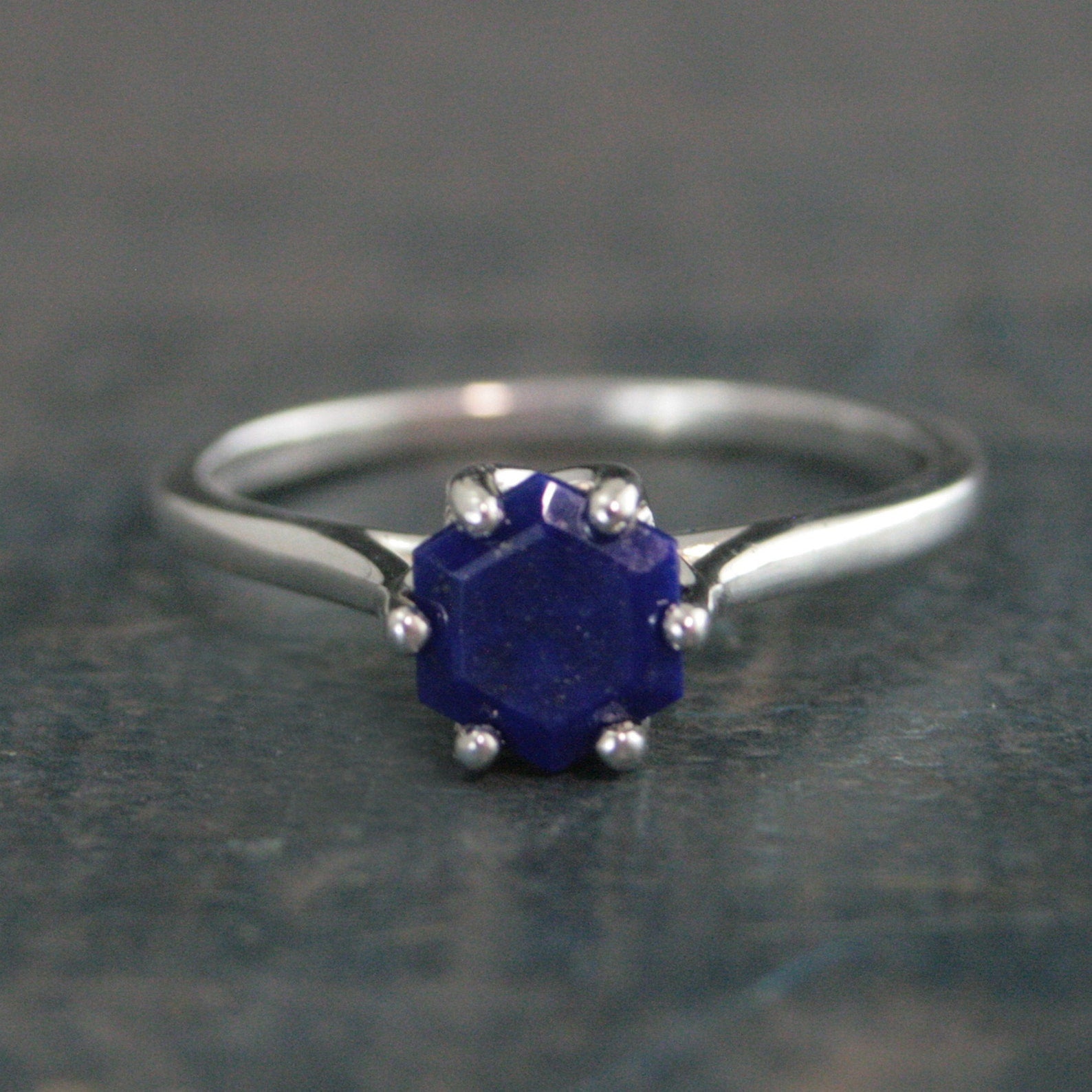 Hexagonal Lapis Ring Blue Stone Ring Silver Cathedral Setting Hexagon Cut Lapis Unique Something Blue Ring Bridal Ring Gift for Bride