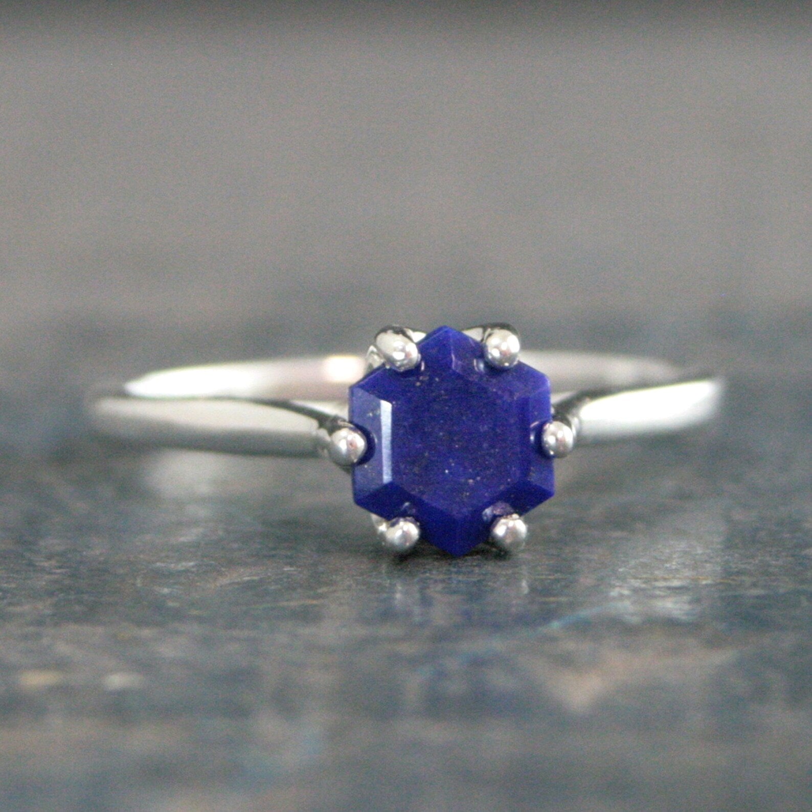Hexagonal Lapis Ring Blue Stone Ring Silver Cathedral Setting Hexagon Cut Lapis Unique Something Blue Ring Bridal Ring Gift for Bride