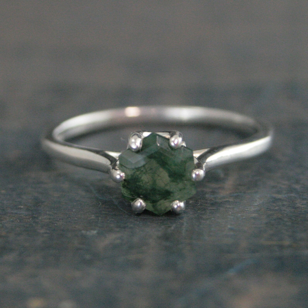 Hexagon Moss Agate Ring Hexagonal Stone Ring Cathedral Solitaire Silver Ring Unique Stone Green Moss Agate Hexagon Cut Stone Ring