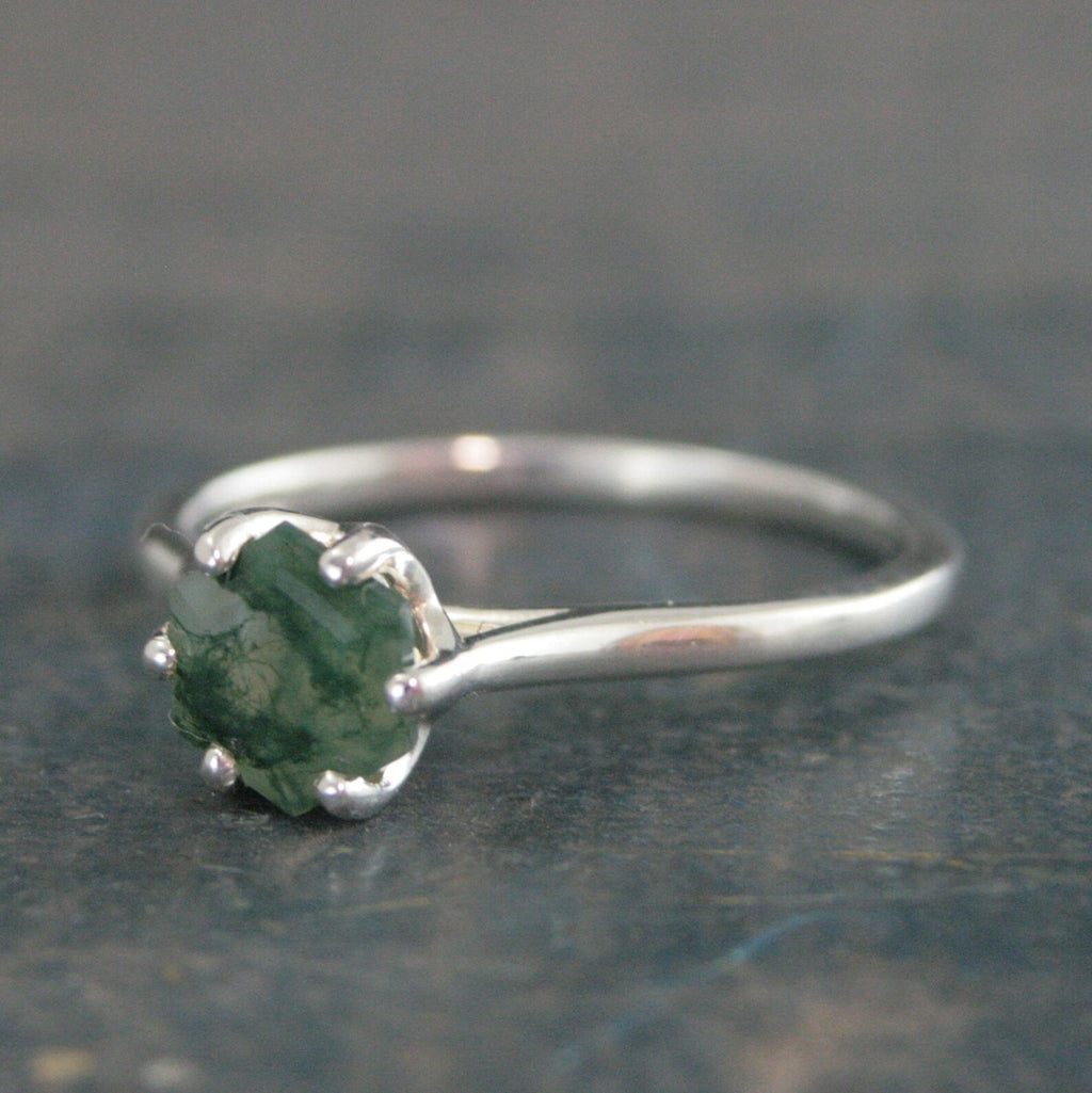 Hexagon Moss Agate Ring Hexagonal Stone Ring Cathedral Solitaire Silver Ring Unique Stone Green Moss Agate Hexagon Cut Stone Ring