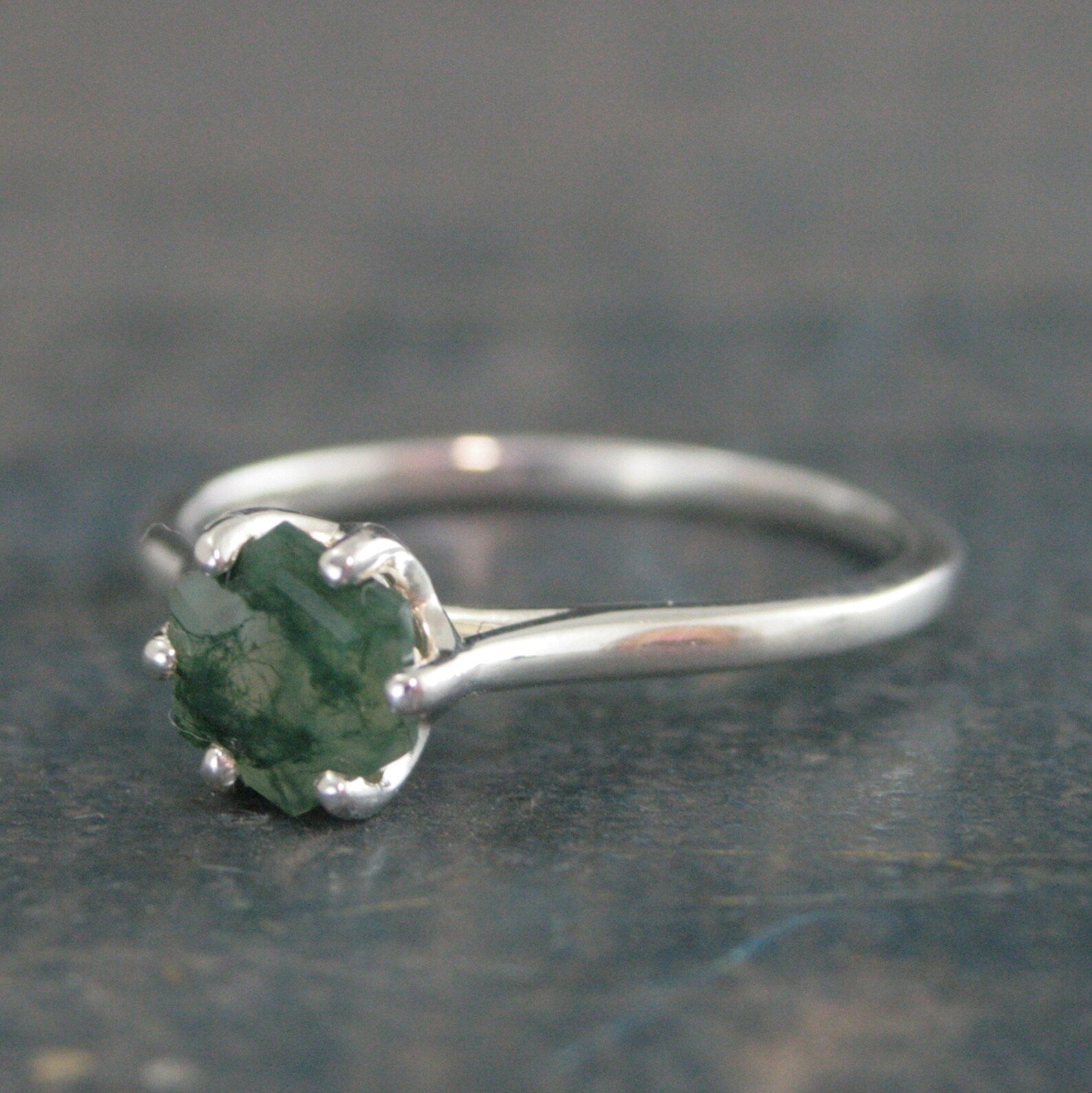 Hexagon Moss Agate Ring Hexagonal Stone Ring Cathedral Solitaire Silver Ring Unique Stone Green Moss Agate Hexagon Cut Stone Ring