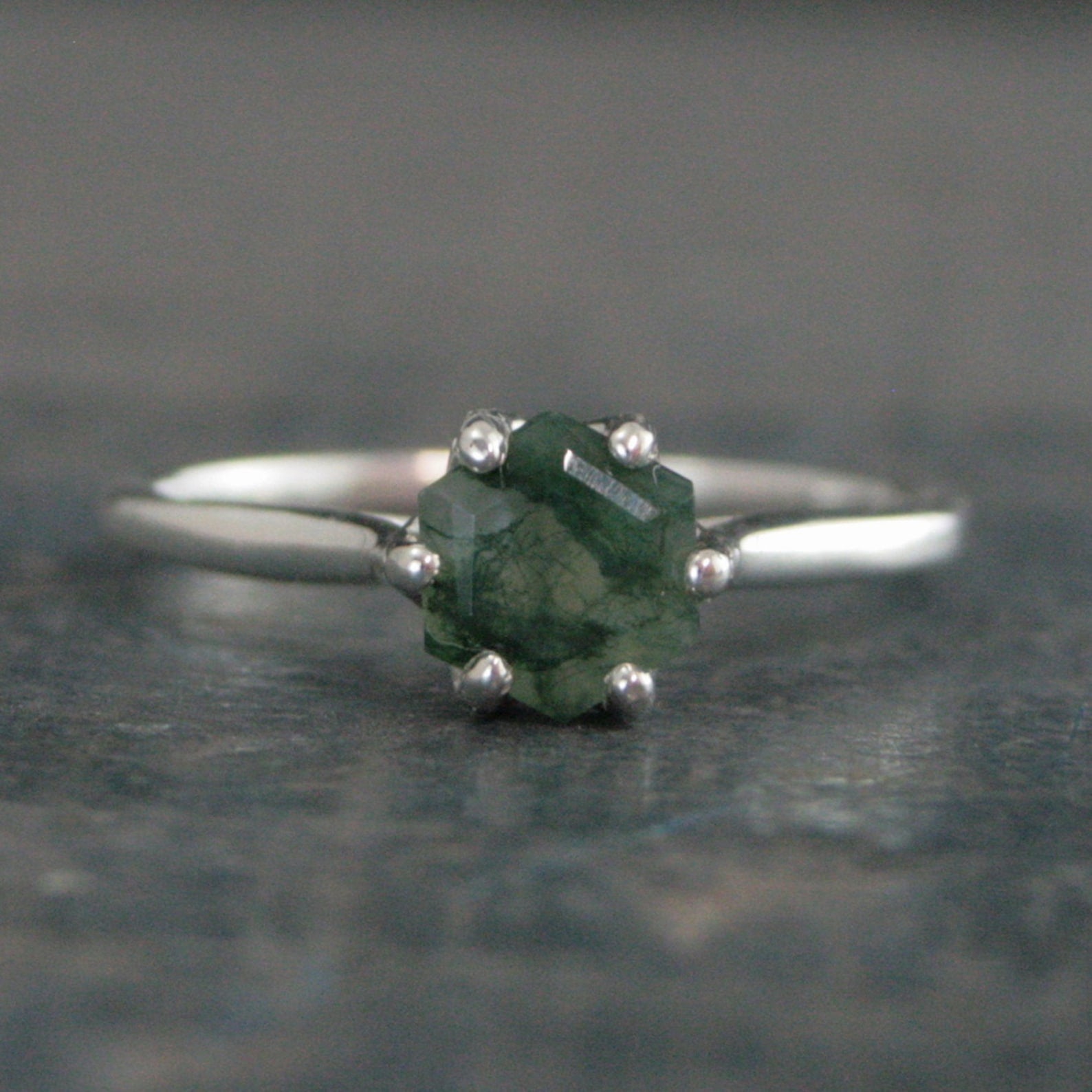 Hexagon Moss Agate Ring Hexagonal Stone Ring Cathedral Solitaire Silver Ring Unique Stone Green Moss Agate Hexagon Cut Stone Ring