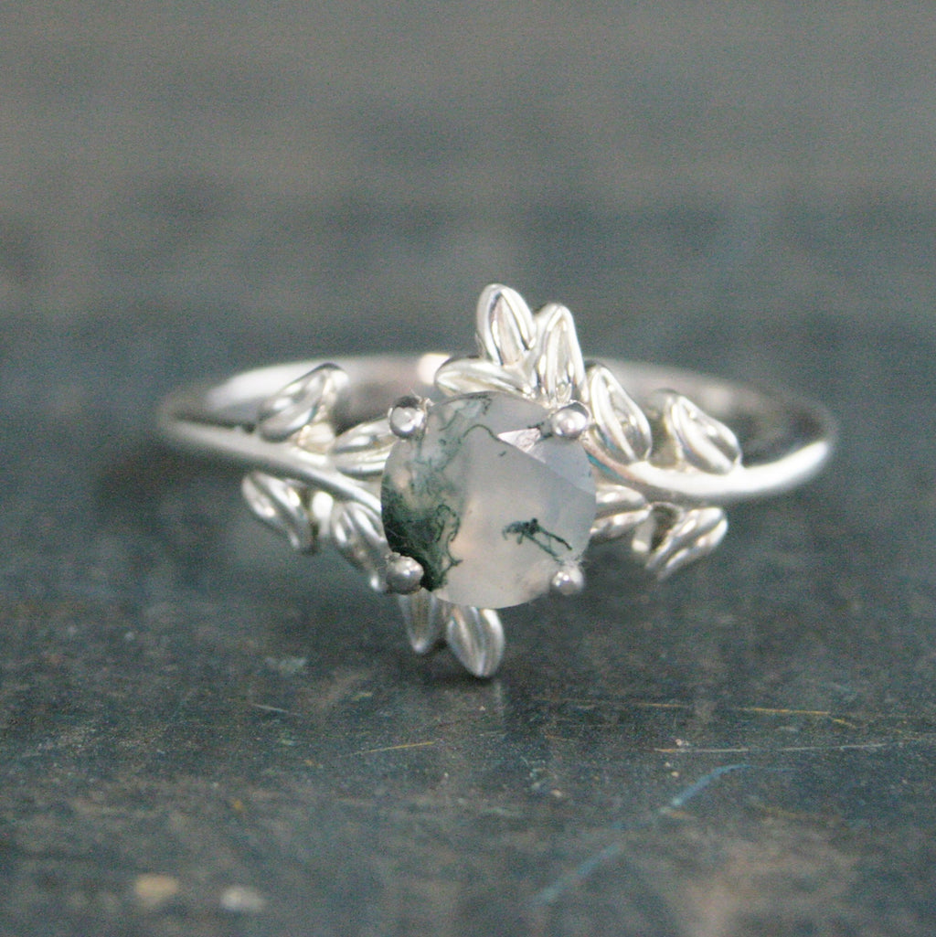 Moss Agate Fern Ring Sterling Silver 6mm Facetted Moss Agate Leaf Ring Vine Unique Elven Ring Branch Ring Twig Ring Silver