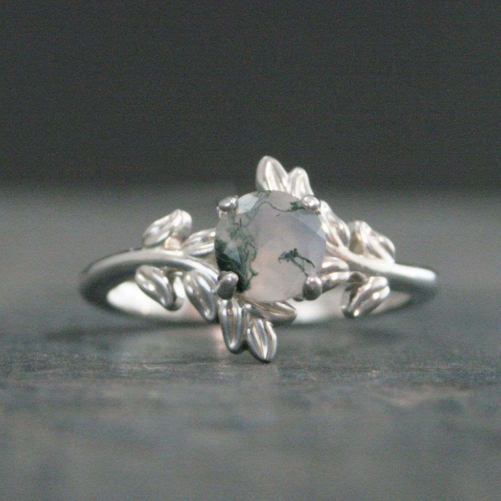 Moss Agate Fern Ring Sterling Silver 6mm Facetted Moss Agate Leaf Ring Vine Unique Elven Ring Branch Ring Twig Ring Silver