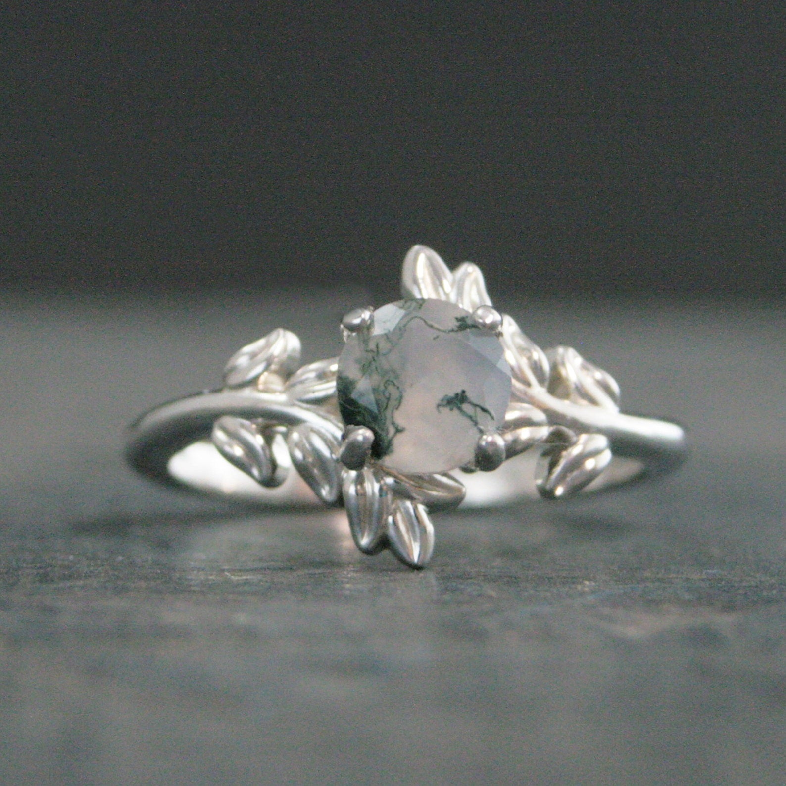 Moss Agate Fern Ring Sterling Silver 6mm Facetted Moss Agate Leaf Ring Vine Unique Elven Ring Branch Ring Twig Ring Silver