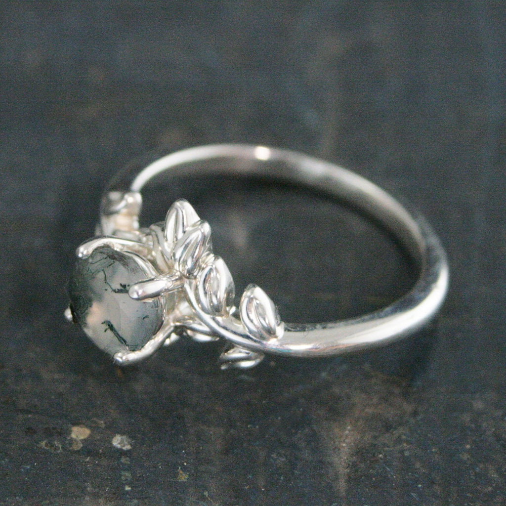 Moss Agate Fern Ring Sterling Silver 6mm Facetted Moss Agate Leaf Ring Vine Unique Elven Ring Branch Ring Twig Ring Silver