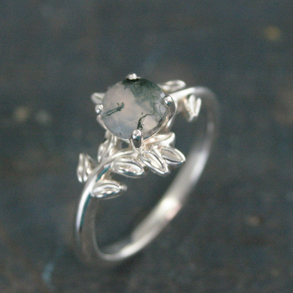 Moss Agate Fern Ring Sterling Silver 6mm Facetted Moss Agate Leaf Ring Vine Unique Elven Ring Branch Ring Twig Ring Silver