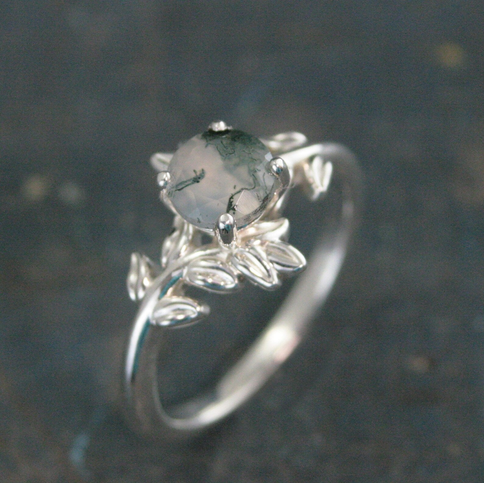Moss Agate Fern Ring Sterling Silver 6mm Facetted Moss Agate Leaf Ring Vine Unique Elven Ring Branch Ring Twig Ring Silver