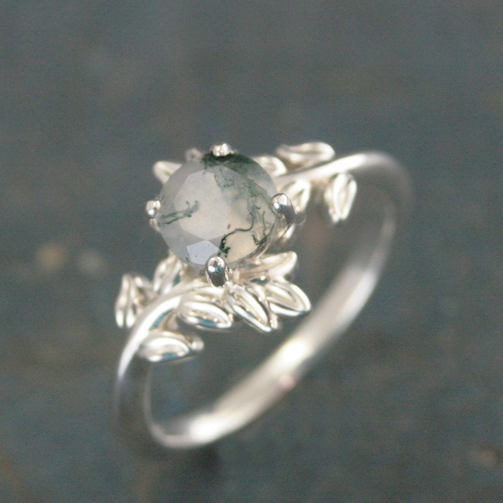 Moss Agate Fern Ring Sterling Silver 6mm Facetted Moss Agate Leaf Ring Vine Unique Elven Ring Branch Ring Twig Ring Silver