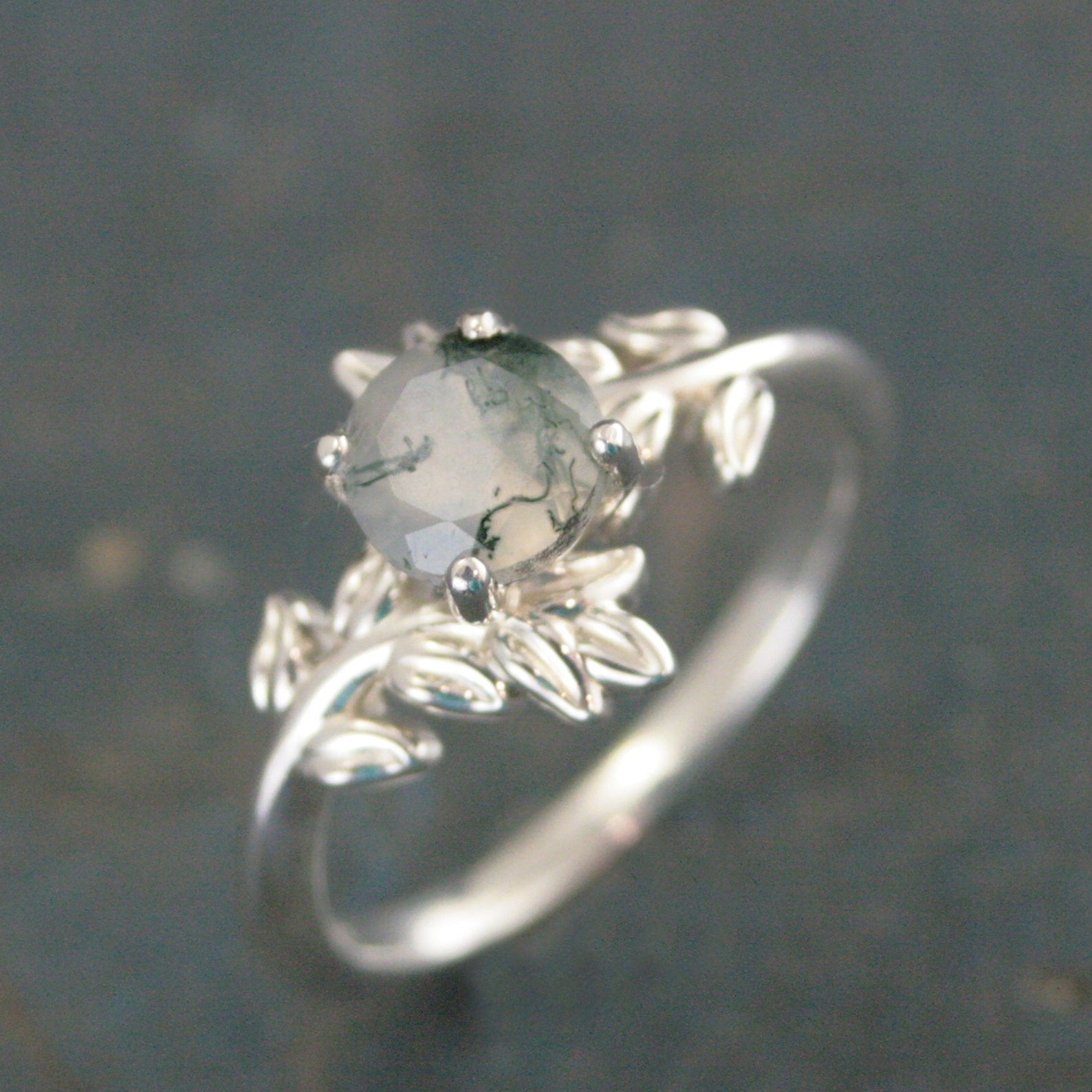 Moss Agate Fern Ring Sterling Silver 6mm Facetted Moss Agate Leaf Ring Vine Unique Elven Ring Branch Ring Twig Ring Silver