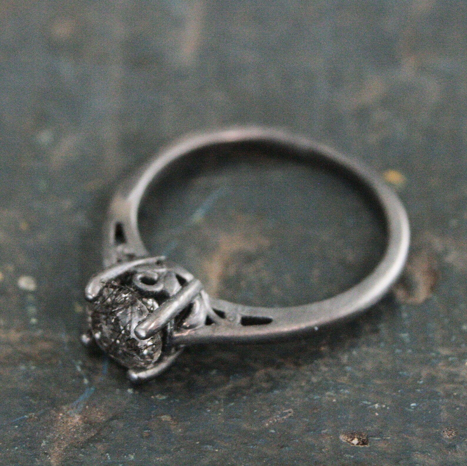 Black Silver Solitaire Ring Dark Pixie Rutilated Quartz Ring Oxidized Silver Ring Gothic Engagement Ring 6mm Black Tourmalinated Quartz