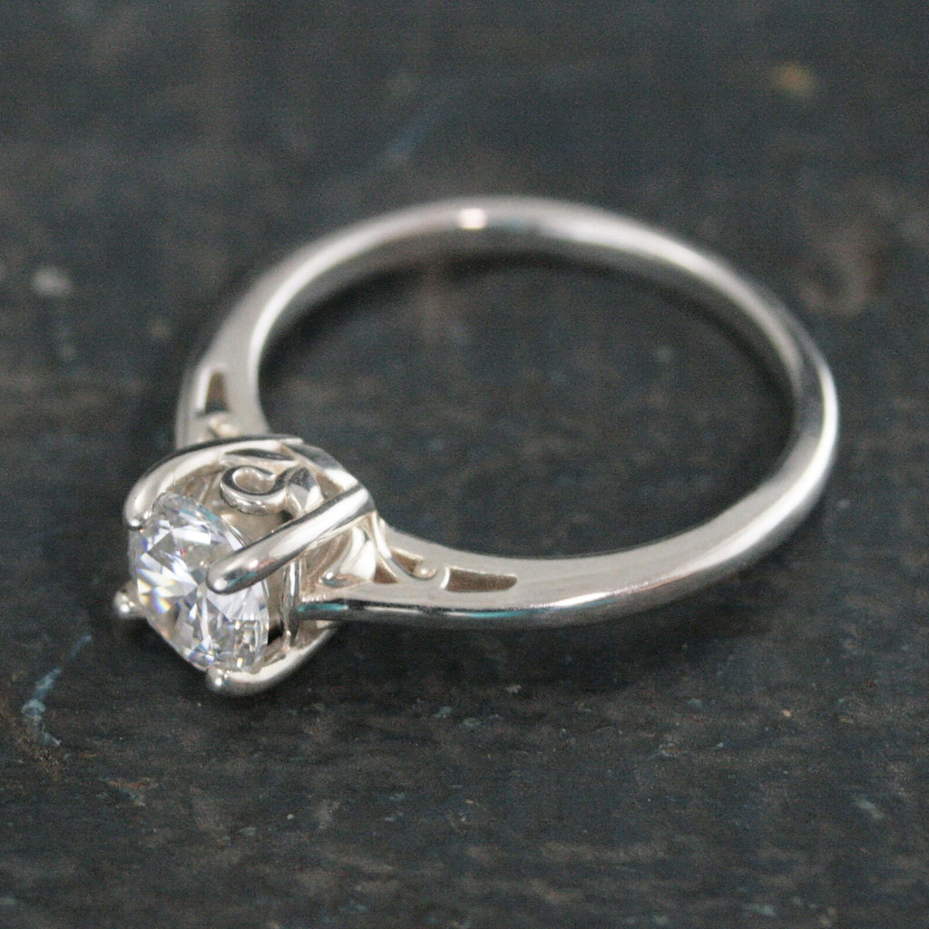 Silver Pixie Hollow Ring Sweet Filigree Solitaire Engagement Ring Cathedral Solitaire Sterling Silver Cubic Zirconia Ring Leaf and Sprout
