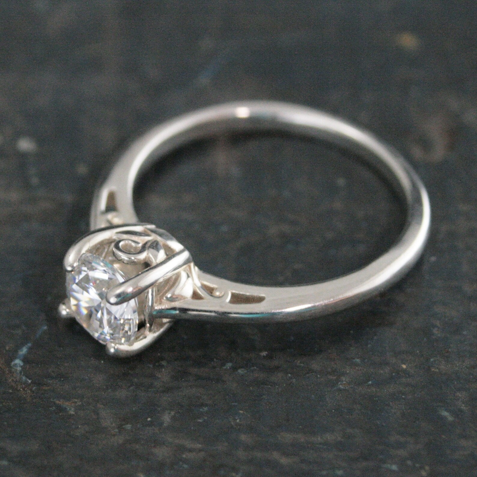 Silver Pixie Hollow Ring Sweet Filigree Solitaire Engagement Ring Cathedral Solitaire Sterling Silver Cubic Zirconia Ring Leaf and Sprout