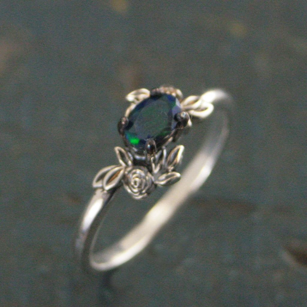 Oval Black Opal Ring Floral Rose Silver Ring Romantic Rose Ring 6x4mm Horizontal Facetted Oval Black Opal Ring Victorian Rose Opal Ring
