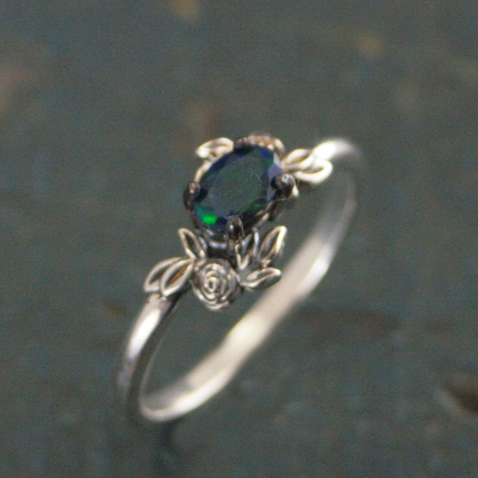 Oval Black Opal Ring Floral Rose Silver Ring Romantic Rose Ring 6x4mm Horizontal Facetted Oval Black Opal Ring Victorian Rose Opal Ring