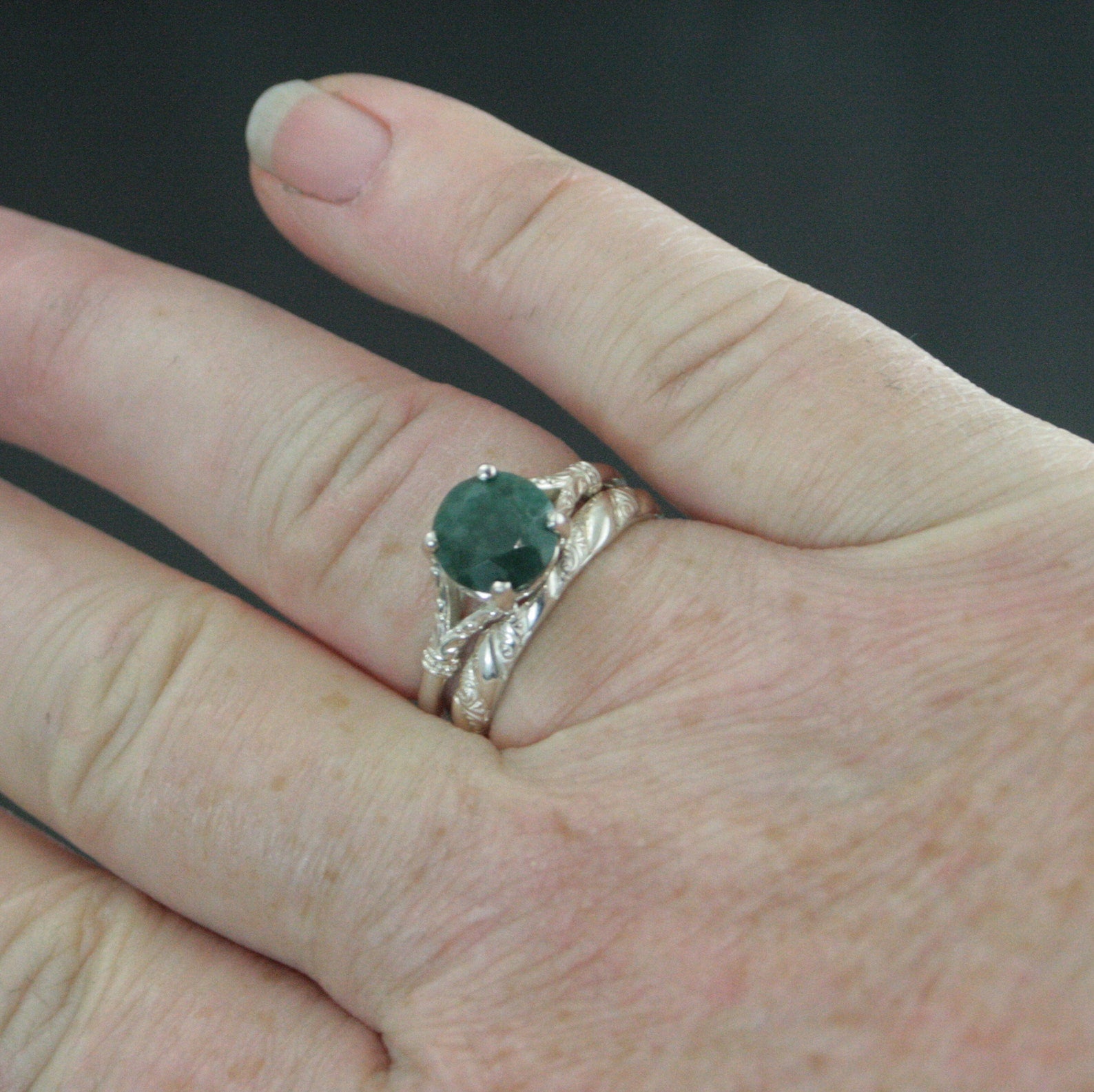 Emerald Ring Large Green Stone Ring Elsa Emerald Ring Antique Style Ring Vintage Design 8mm Emerald Color Enhanced Corundum May Birthstone