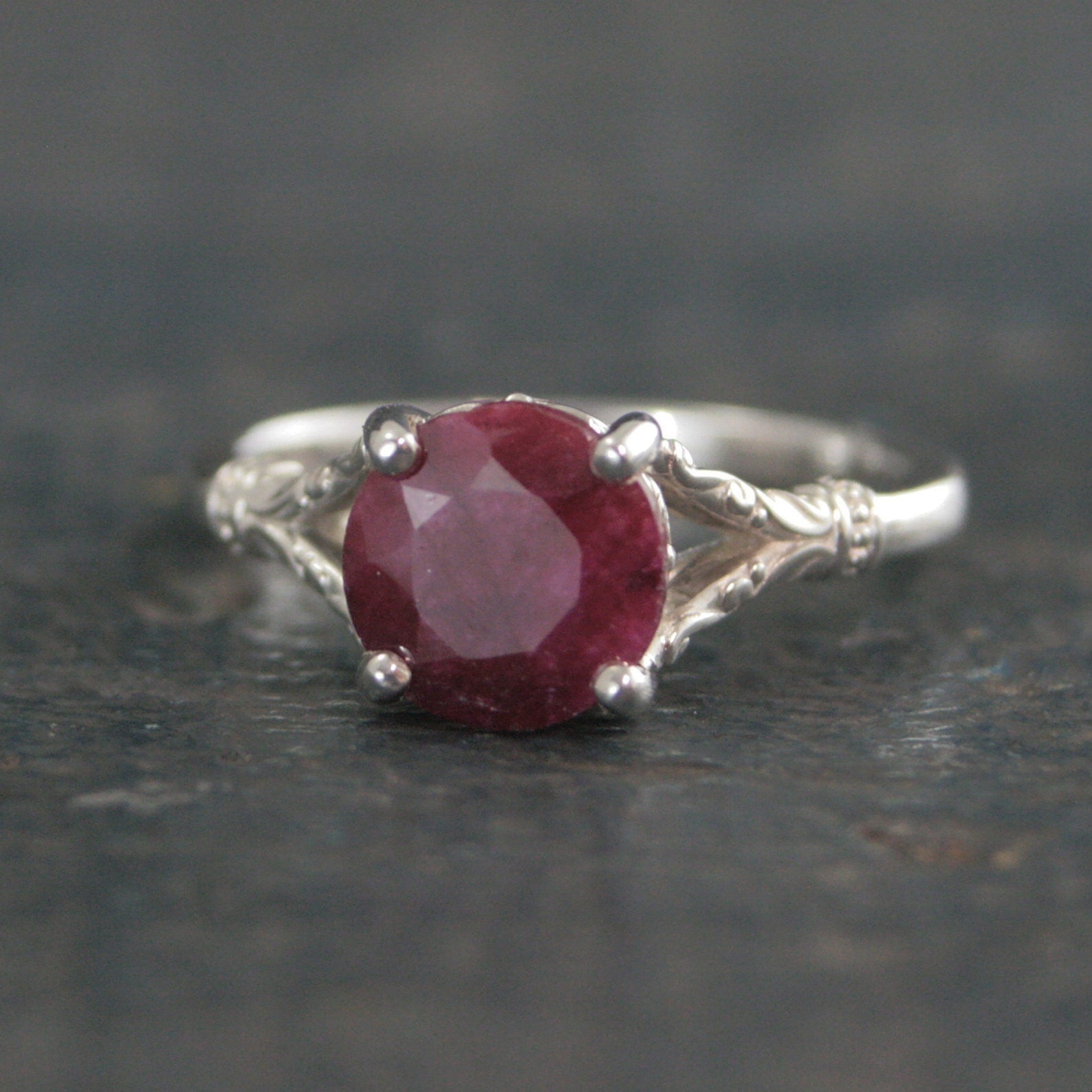 Ruby Ring Elsa Large 8mm Color Enhanced Corundum Ruby Ring Silver Swirl Antique Design Ring Red Stone Valentine's Day Gift for Her