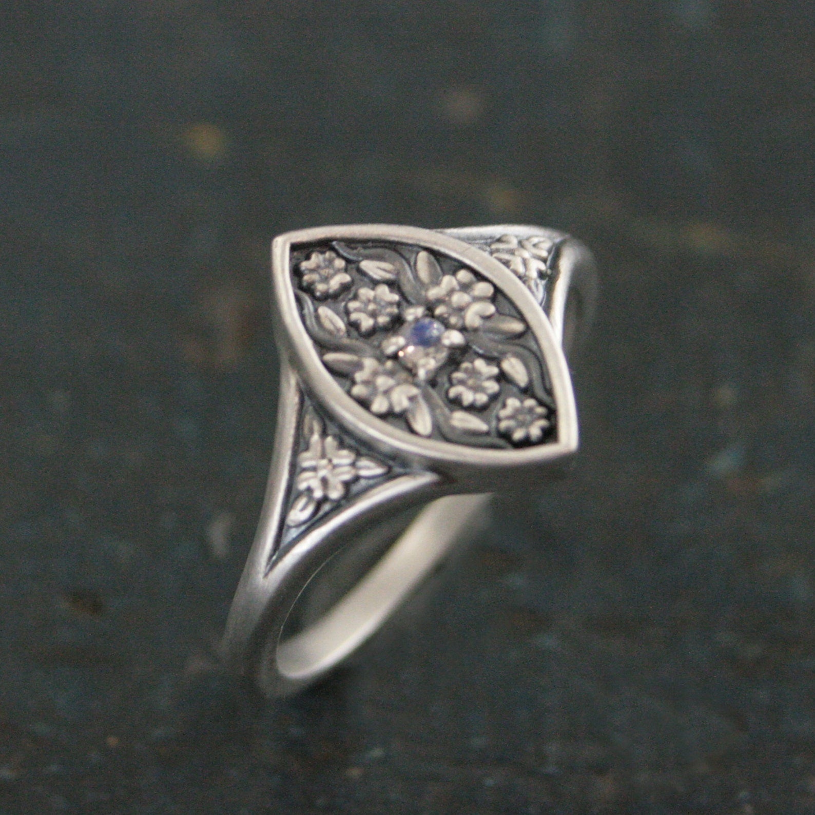 Moonstone Floral Ring Isabela Flower Marquee Silver Ring Encanto Romantic Promise Ring Silver Marquee Moonstone Engagement Ring Art Nouveau
