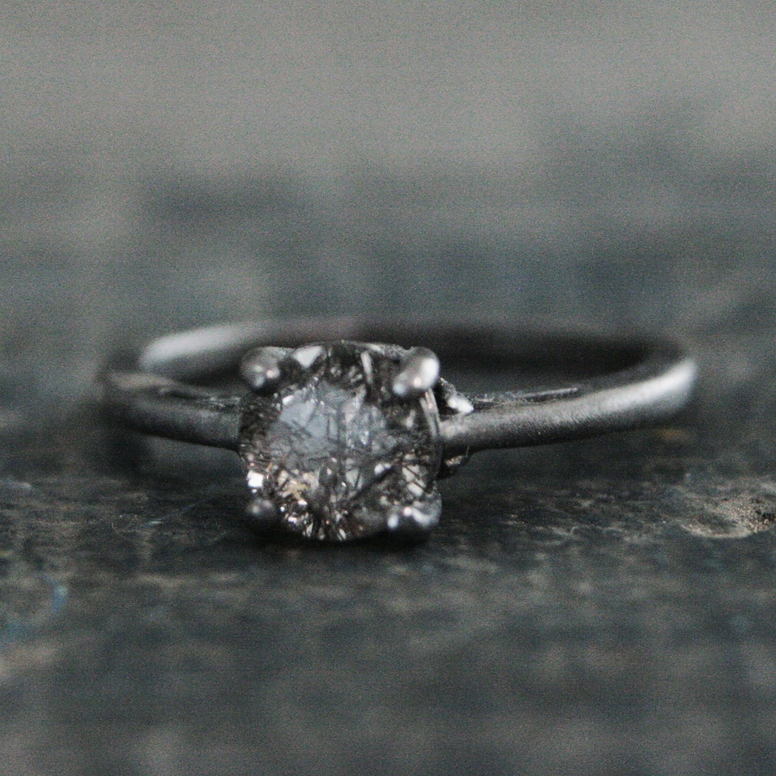 Black Silver Solitaire Ring Dark Pixie Rutilated Quartz Ring Oxidized Silver Ring Gothic Engagement Ring 6mm Black Tourmalinated Quartz