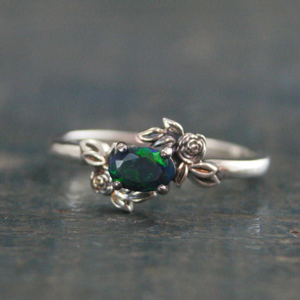 Oval Black Opal Ring Floral Rose Silver Ring Romantic Rose Ring 6x4mm Horizontal Facetted Oval Black Opal Ring Victorian Rose Opal Ring