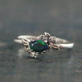 Oval Black Opal Ring Floral Rose Silver Ring Romantic Rose Ring 6x4mm Horizontal Facetted Oval Black Opal Ring Victorian Rose Opal Ring