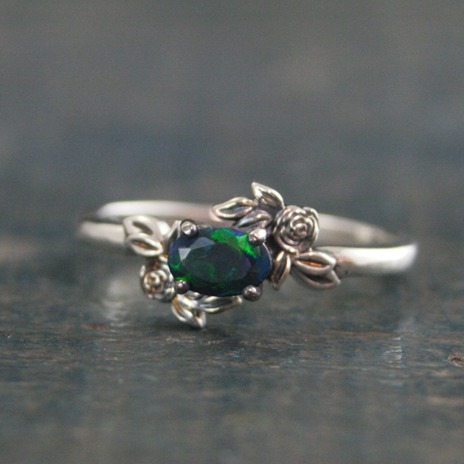 Oval Black Opal Ring Floral Rose Silver Ring Romantic Rose Ring 6x4mm Horizontal Facetted Oval Black Opal Ring Victorian Rose Opal Ring