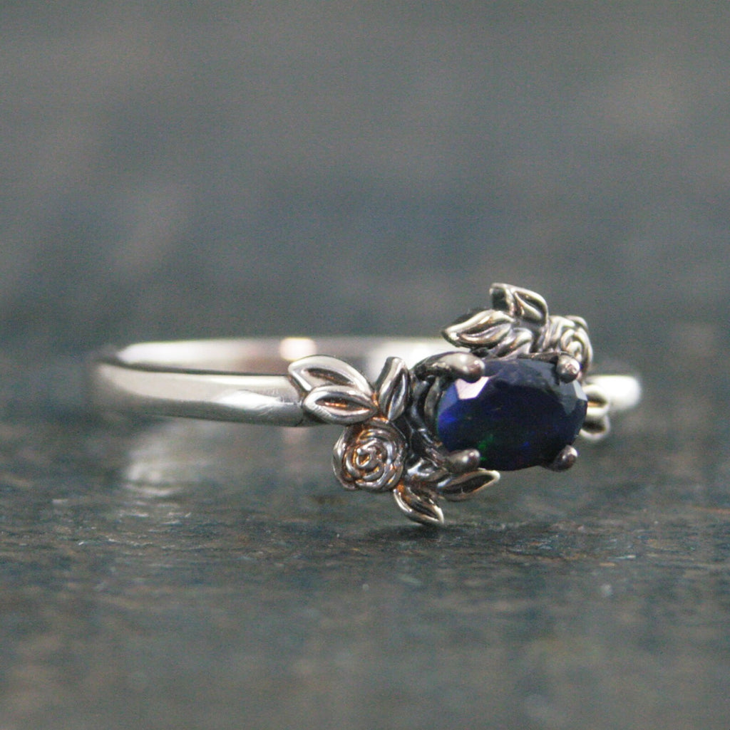 Oval Black Opal Ring Floral Rose Silver Ring Romantic Rose Ring 6x4mm Horizontal Facetted Oval Black Opal Ring Victorian Rose Opal Ring