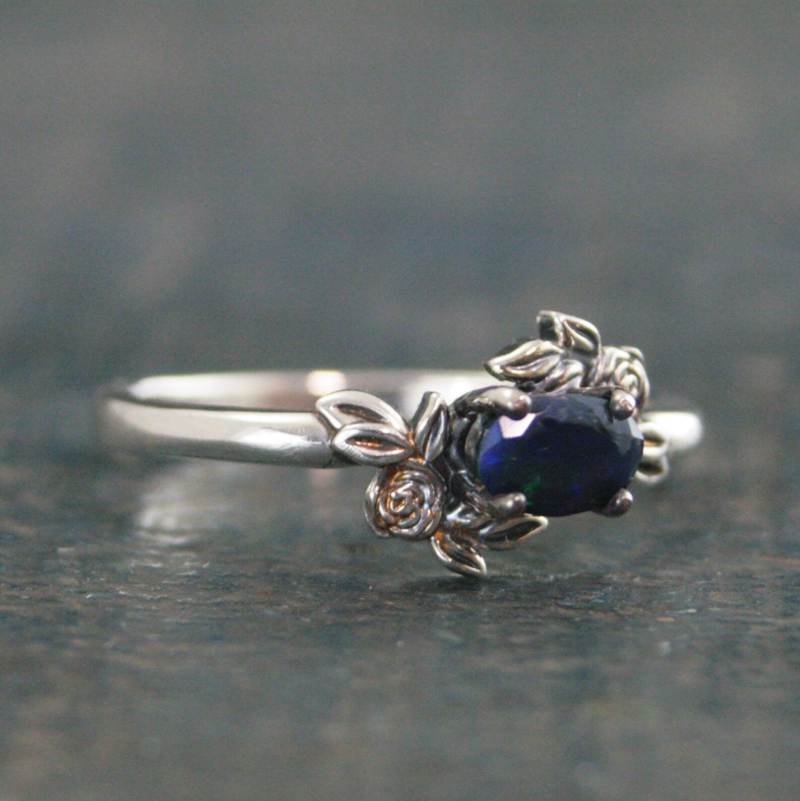 Oval Black Opal Ring Floral Rose Silver Ring Romantic Rose Ring 6x4mm Horizontal Facetted Oval Black Opal Ring Victorian Rose Opal Ring