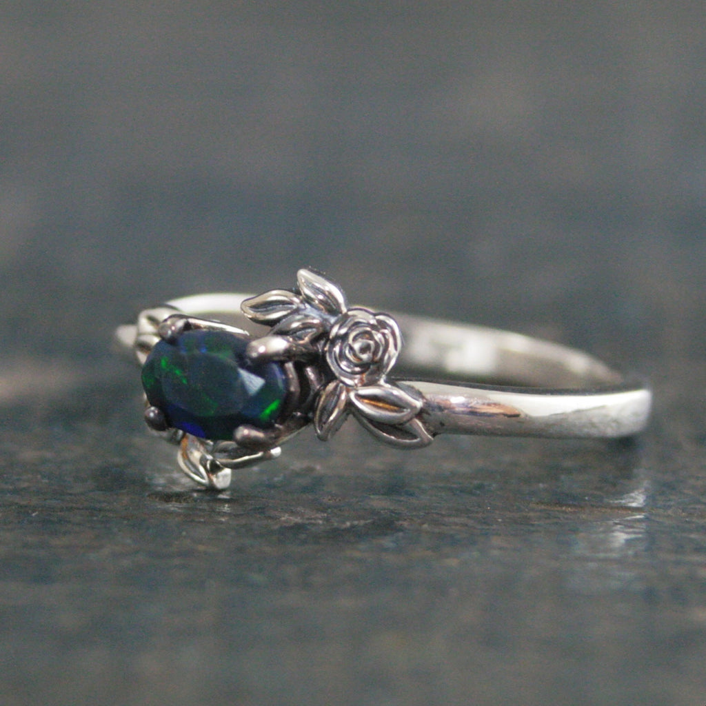 Oval Black Opal Ring Floral Rose Silver Ring Romantic Rose Ring 6x4mm Horizontal Facetted Oval Black Opal Ring Victorian Rose Opal Ring