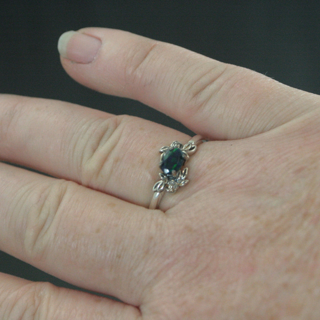 Oval Black Opal Ring Floral Rose Silver Ring Romantic Rose Ring 6x4mm Horizontal Facetted Oval Black Opal Ring Victorian Rose Opal Ring