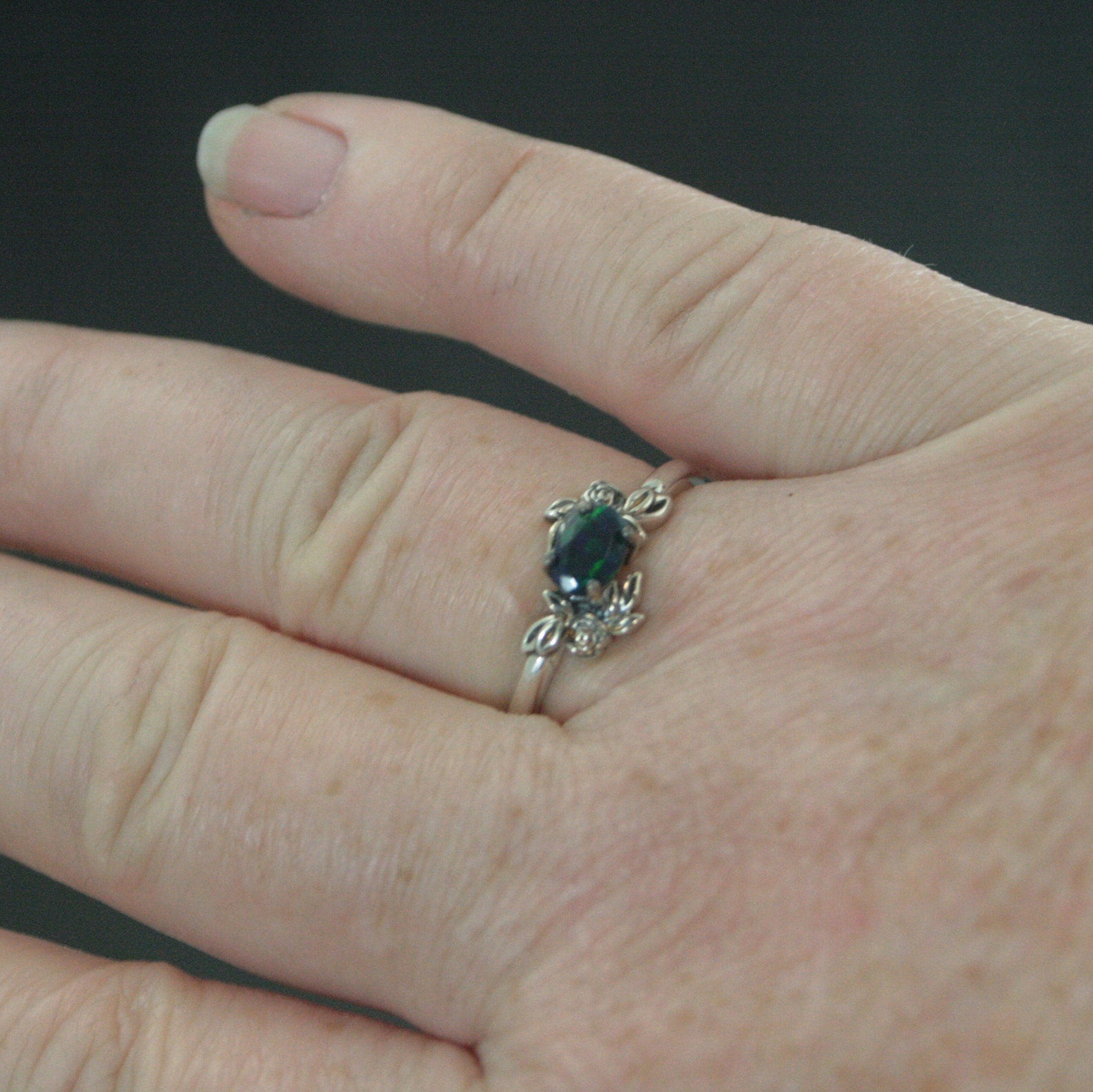 Oval Black Opal Ring Floral Rose Silver Ring Romantic Rose Ring 6x4mm Horizontal Facetted Oval Black Opal Ring Victorian Rose Opal Ring