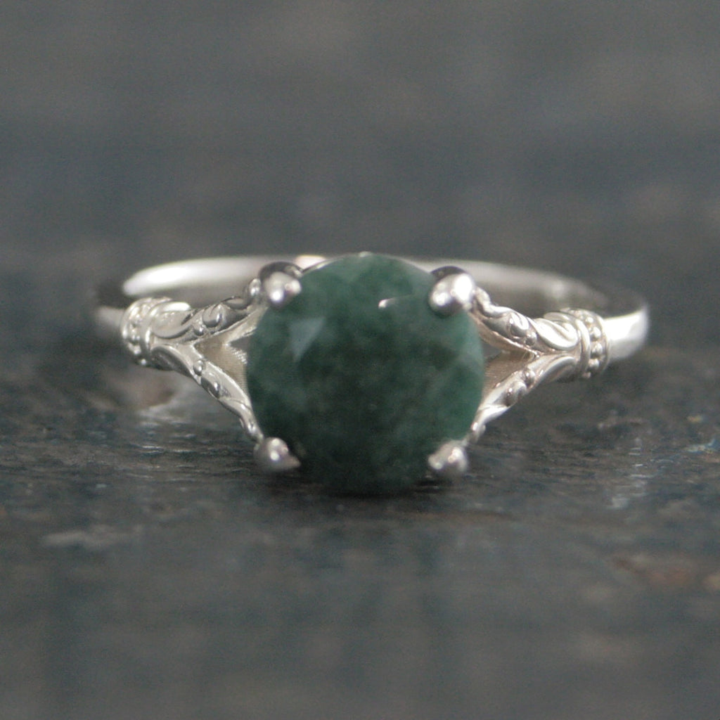 Emerald Ring Large Green Stone Ring Elsa Emerald Ring Antique Style Ring Vintage Design 8mm Emerald Color Enhanced Corundum May Birthstone