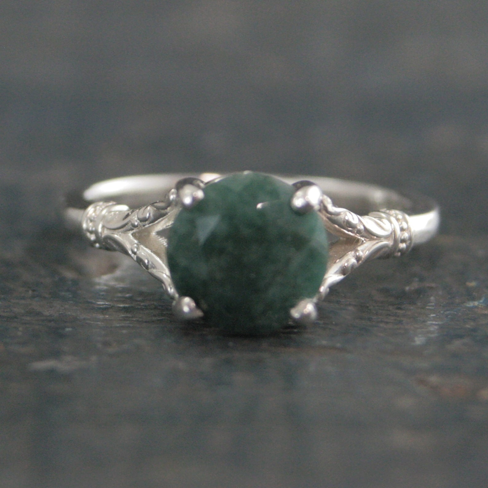 Emerald Ring Large Green Stone Ring Elsa Emerald Ring Antique Style Ring Vintage Design 8mm Emerald Color Enhanced Corundum May Birthstone
