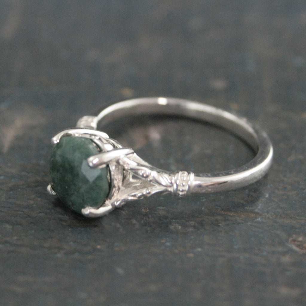 Emerald Ring Large Green Stone Ring Elsa Emerald Ring Antique Style Ring Vintage Design 8mm Emerald Color Enhanced Corundum May Birthstone
