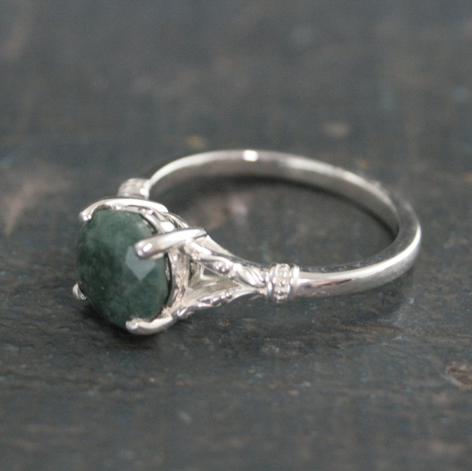 Emerald Ring Large Green Stone Ring Elsa Emerald Ring Antique Style Ring Vintage Design 8mm Emerald Color Enhanced Corundum May Birthstone