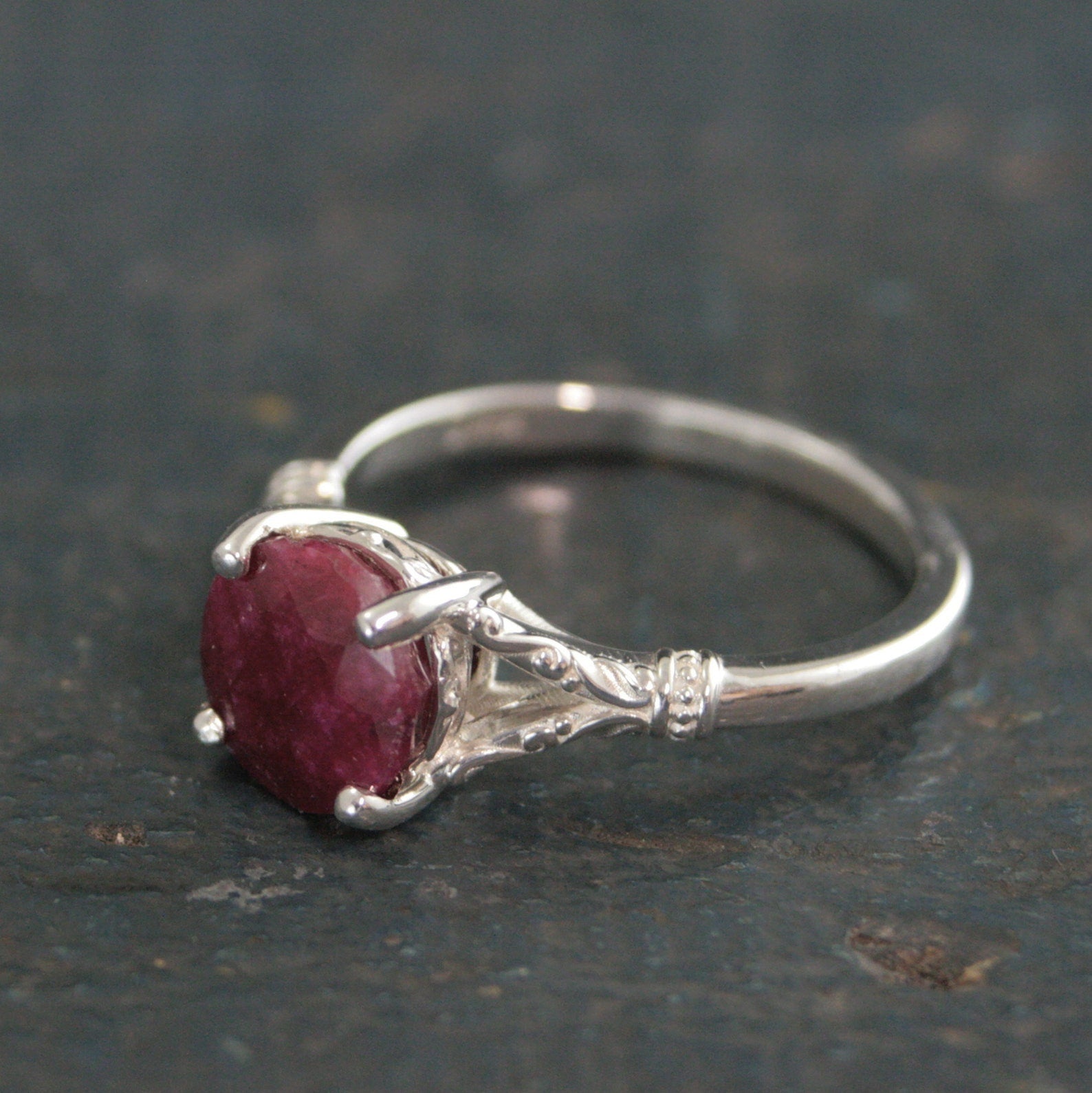 Ruby Ring Elsa Large 8mm Color Enhanced Corundum Ruby Ring Silver Swirl Antique Design Ring Red Stone Valentine's Day Gift for Her