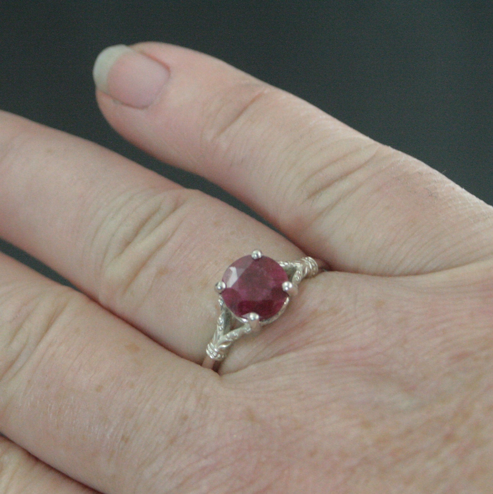 Ruby Ring Elsa Large 8mm Color Enhanced Corundum Ruby Ring Silver Swirl Antique Design Ring Red Stone Valentine's Day Gift for Her