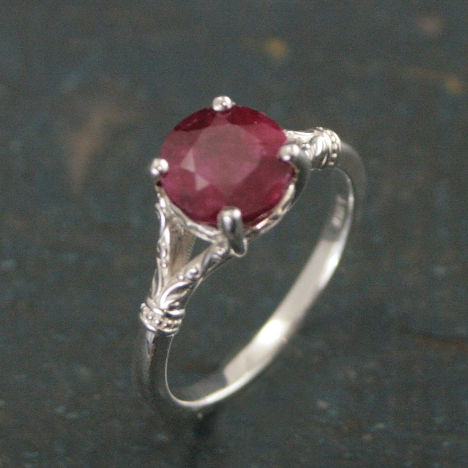 Ruby Ring Elsa Large 8mm Color Enhanced Corundum Ruby Ring Silver Swirl Antique Design Ring Red Stone Valentine's Day Gift for Her