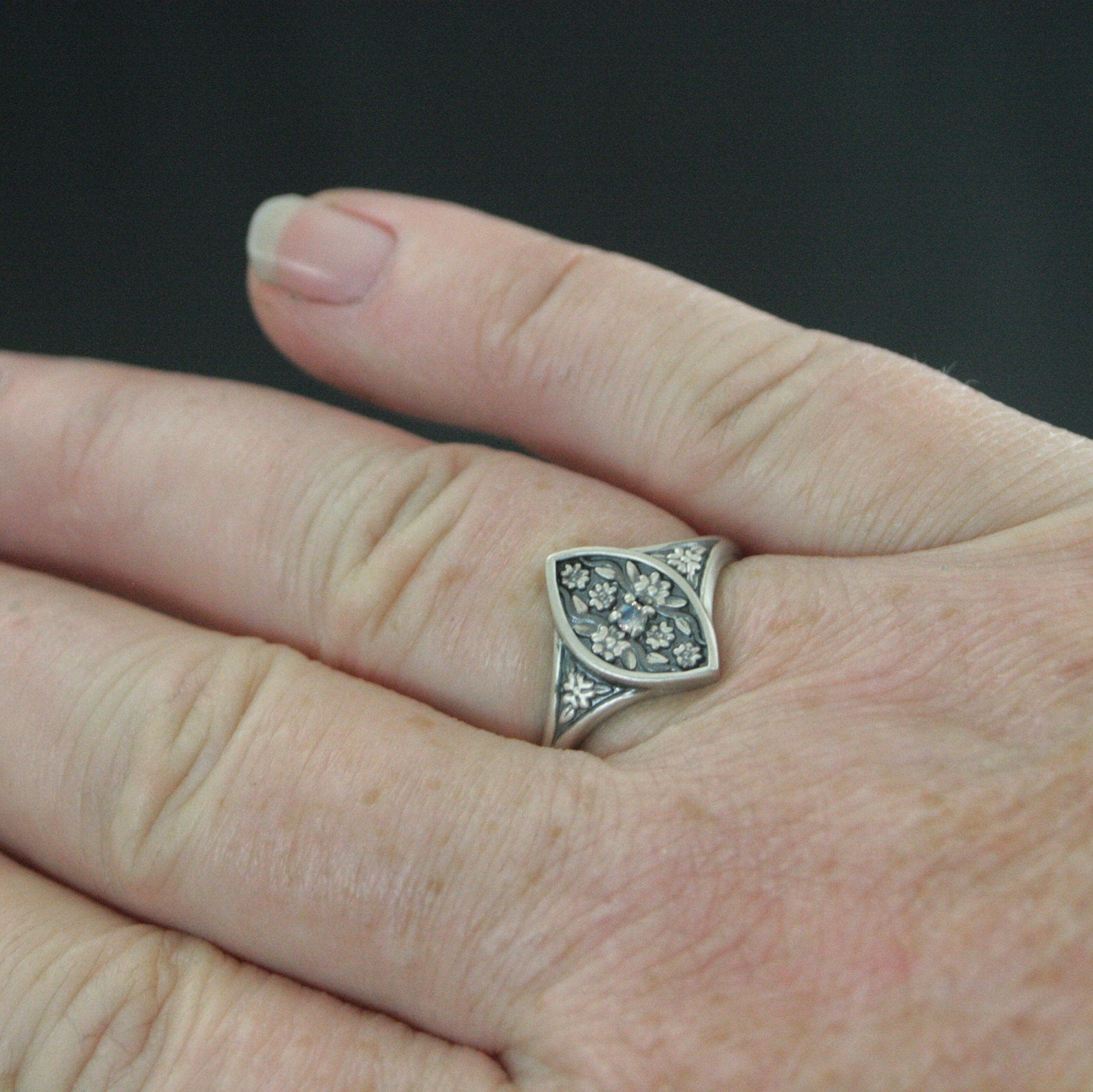 Moonstone Floral Ring Isabela Flower Marquee Silver Ring Encanto Romantic Promise Ring Silver Marquee Moonstone Engagement Ring Art Nouveau